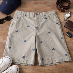 Izod Saltwater Stretch Tan Flat Front Crab Print Chino Khaki Shorts Size 30